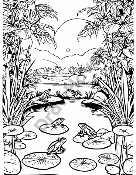 coloring page of fireflies at dusk in a jungle with animals around a reflective river in black and white