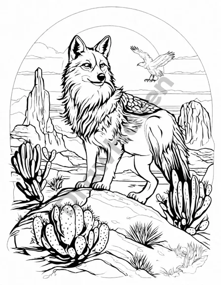 enchanted desert coloring page with hidden animals: coyote, lizard, and soaring bald in black and white