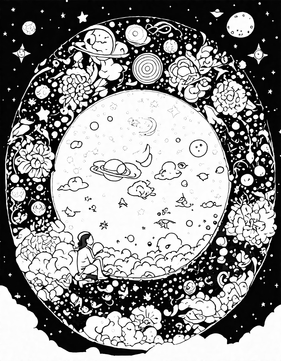 serenity in starry night patterns' coloring page with intricate designs of stars, galaxies, and celestial motifs for a peaceful cosmic oasis in black and white