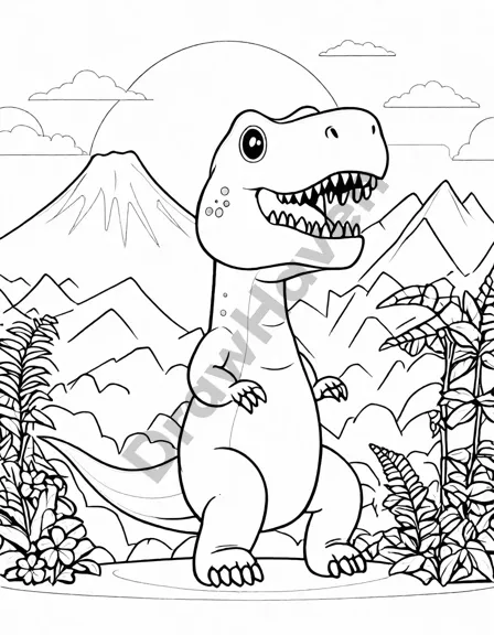 Coloring book image of t-rex roaring in the lush lost valley with a volcano in the background in 'dinosaur adventures in black and white