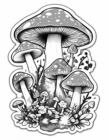 Coloring book image of enchanted forest scene with fairy circles, mushroom rings, and delicate fairies among detailed foliage in black and white