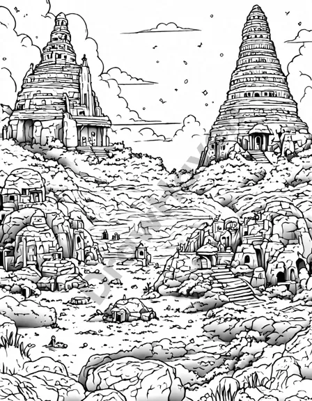 coloring book page of an ancient alien civilization with ruins and exotic wildlife in black and white