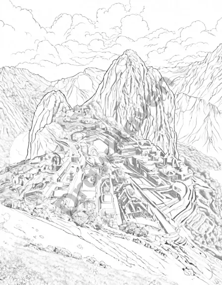 coloring page of machu picchu with ancient incan ruins on a green plateau in the andes mountains of peru in black and white