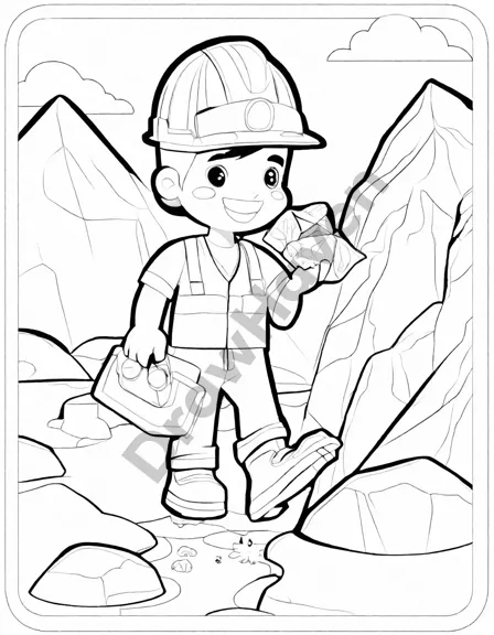 Coloring book image of mighty trencher digging through earth at a construction site, surrounded by workers in hard hats in black and white