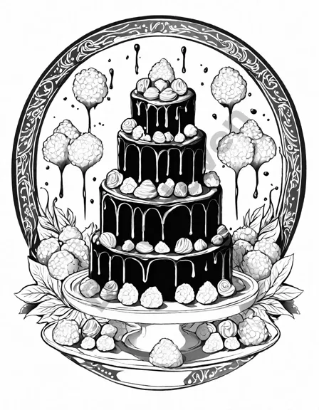 chocolate masterpieces coloring page with truffles, lava cakes, and chocolate fountains in black and white