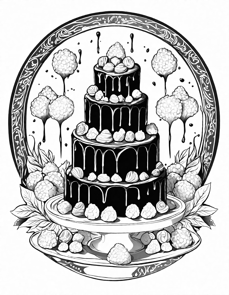 chocolate masterpieces coloring page with truffles, lava cakes, and chocolate fountains in black and white
