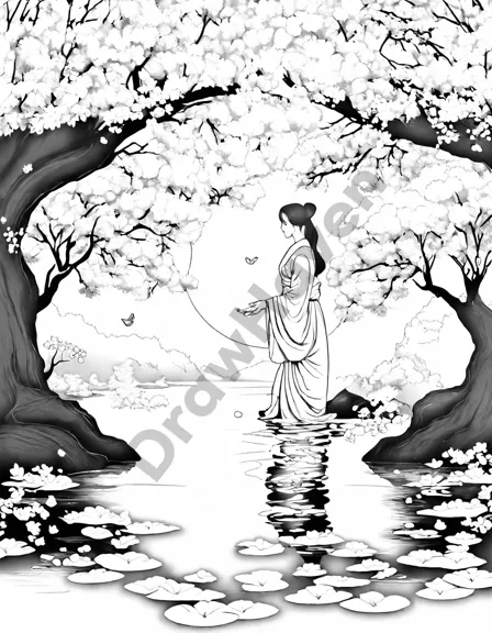 adult coloring book image of cherry blossoms falling on a tranquil garden with a figure in lotus position in black and white