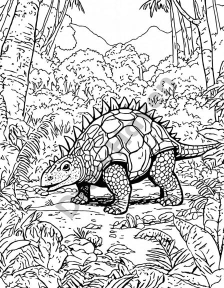 coloring page of ankylosaurus in a jurassic forest with detailed armor and plants, perfect for all ages in black and white