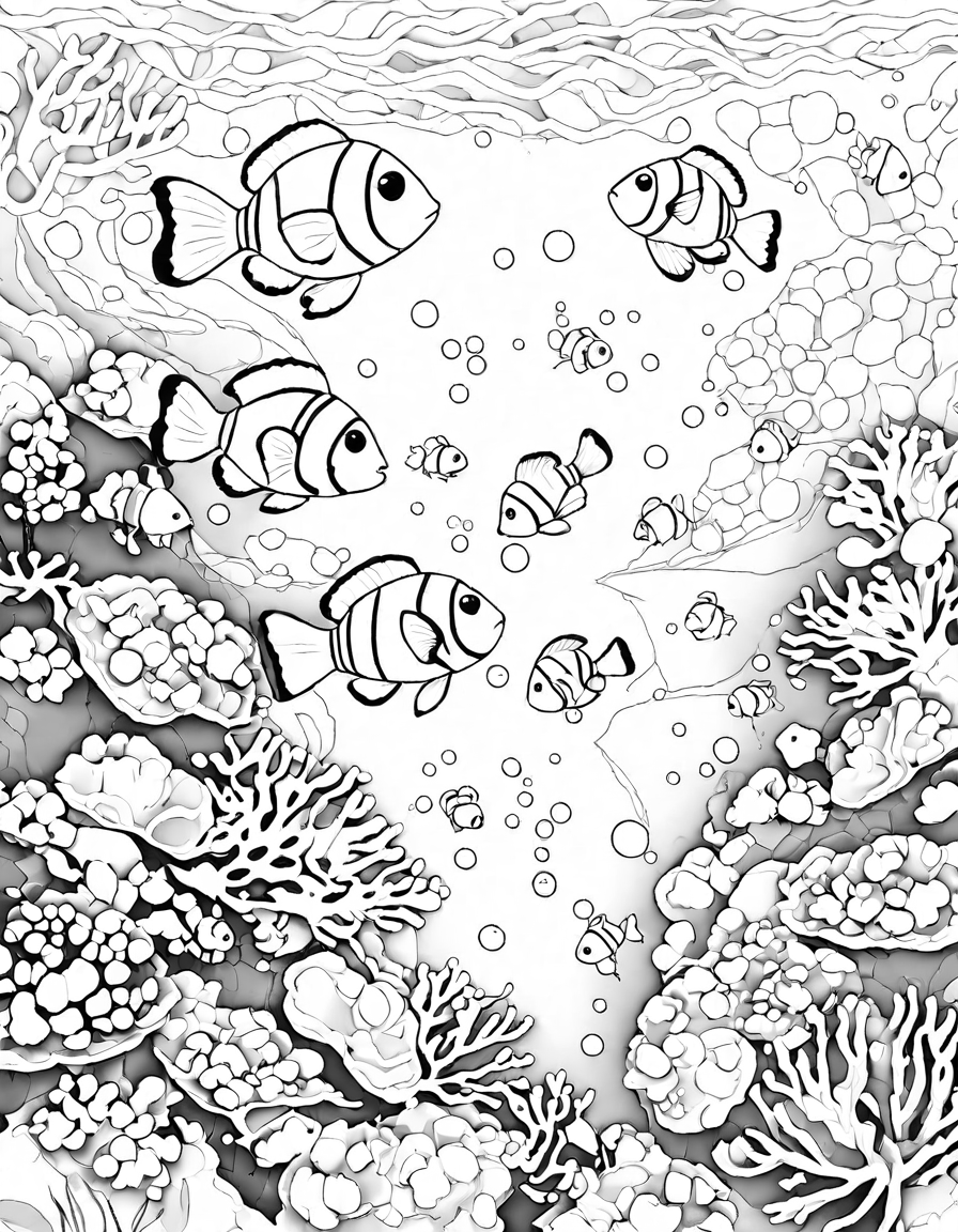 underwater coloring book page with tropical fish, coral gardens, clownfish, and sea turtles in crystal waters in black and white