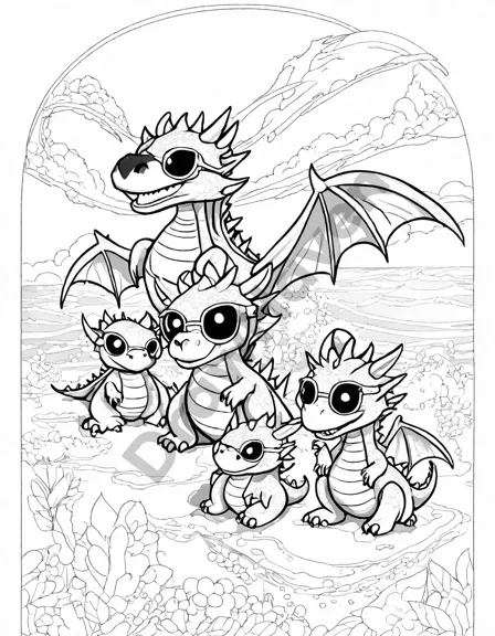 Coloring book image of colorful dragon beach vacation illustration with dragons enjoying the sun, sandcastles, and tropical drinks in black and white