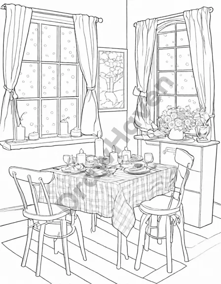 coloring book image of a valentine's day dinner setting with candlelight, rose petals, and champagne glasses in black and white