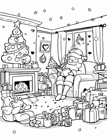 Coloring book image of cozy christmas eve scene with fireplace, decorated tree, and stockings hanging in black and white