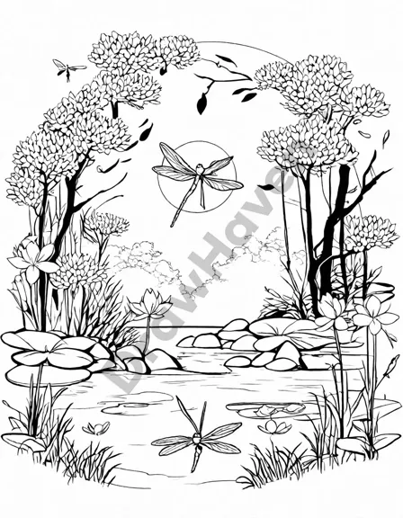 tranquil coloring book pond scene with dragonfly, willows, lotuses, and reflections for mindfulness and relaxation in black and white