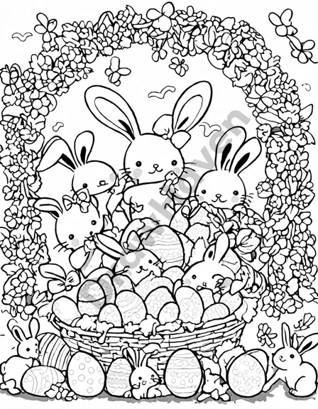 colorful easter coloring book scene with a decorated egg, easter bells, children with baskets, and spring flowers in black and white