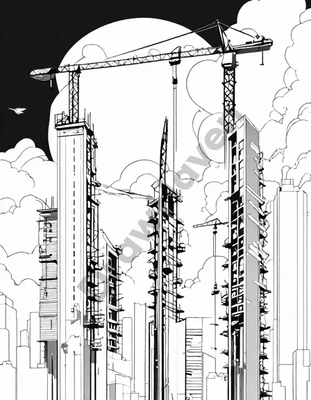 coloring book page of tower cranes and city construction for children's creativity in black and white