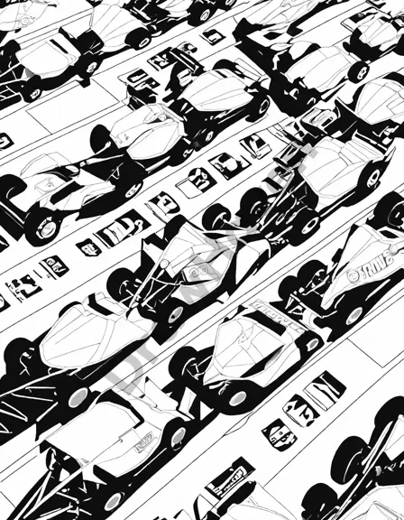 formula one coloring book page with cars at start line and excited fans in the background in black and white