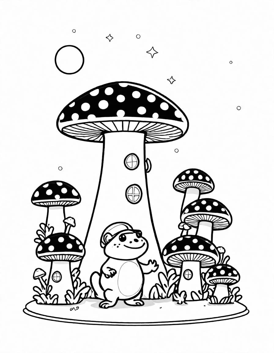 mystical mushroom ring in a moonlit fairy garden, adorned with intricate patterns and dots from a coloring book in black and white