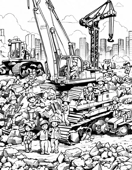 Coloring book image of bustling construction site with crane, workers in hard hats, excavator, and bulldozer laying foundation in black and white