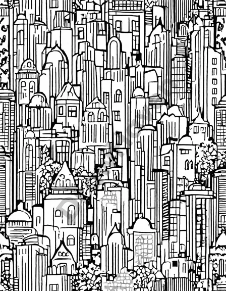 art deco coloring book page featuring geometric cityscape with golden accents and stylized floral motifs in black and white