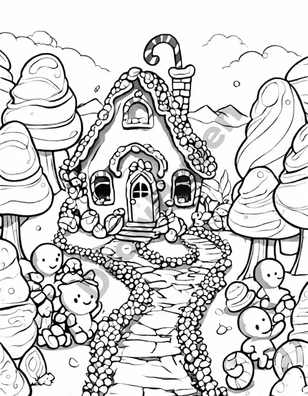 coloring page of candy land with candy cane trees, gumdrop bushes, and gingerbread people in black and white