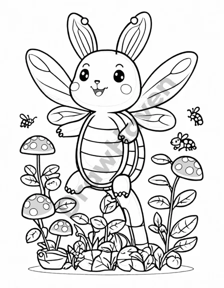enchanting coloring page featuring a fairy in a flower home with magical garden creatures in black and white