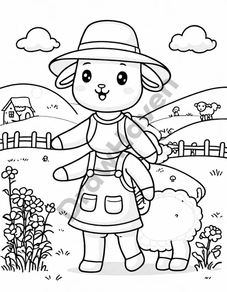 coloring book page of mary and her lamb in a scenic field with flowers, a stream, and a village background in black and white