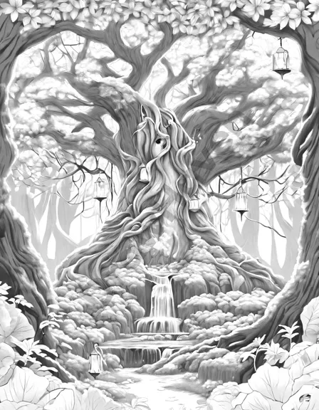 Coloring book image of mystical scene in the sorcerer's hidden grove with ancient trees, magical creatures, glowing fungi, and an ancient tome in black and white