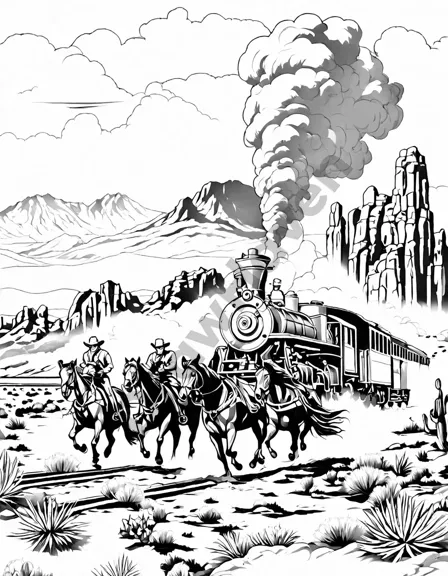 cowboys and cowgirls on horseback during a wild west train heist in a detailed coloring page in black and white
