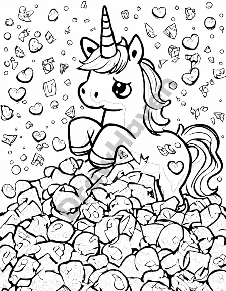 Coloring book image of children surrounding a bright unicorn pinata at a birthday party, anticipating candy in black and white