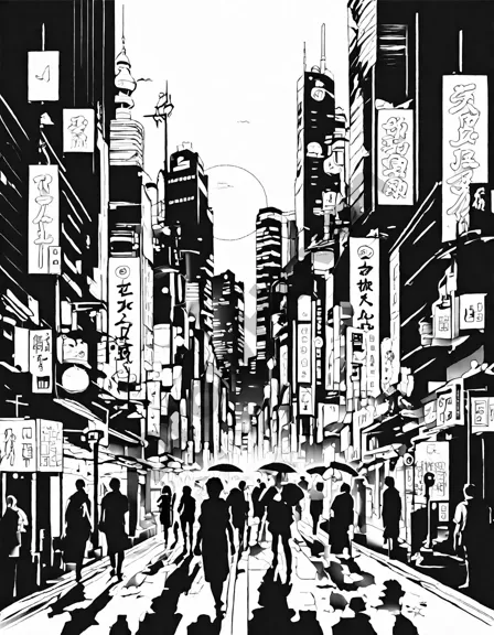 bustling tokyo streets at night in a coloring book design with neon lights, skyscrapers, crowded crossings, and traditional lanterns in black and white