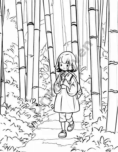 coloring book image of a serene bamboo forest scene with tall stalks, a winding path, and a tranquil atmosphere for relaxation and mindfulness in black and white