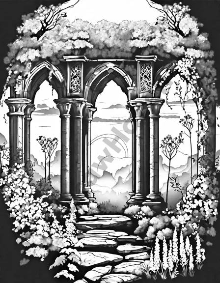 Coloring book image of illustration of the lost kingdom ruins at sunset, with ancient pillars and overgrown flora in black and white