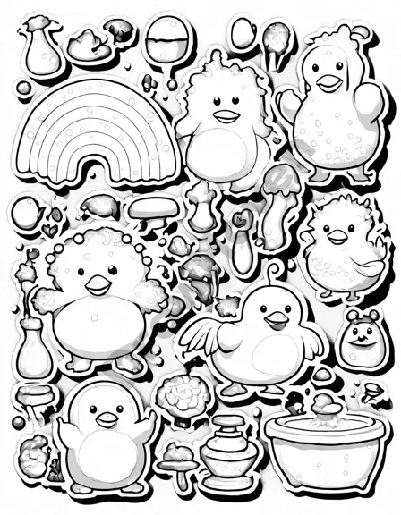 coloring page depicting whimsical monsters enjoying a fun, chaotic bathtime with rubber duckies and bubbles in black and white