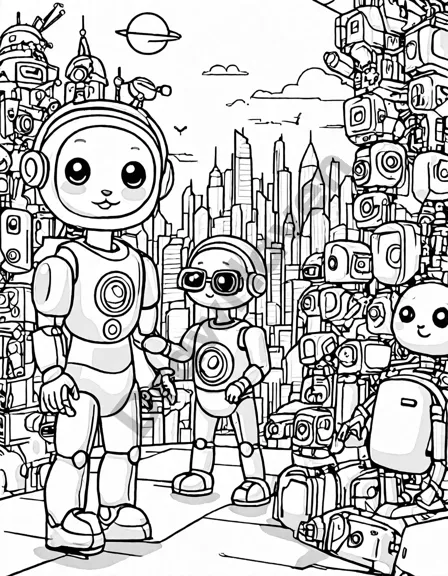 coloring book page featuring a robot's eye view of a bustling city with flying cars and robots in black and white