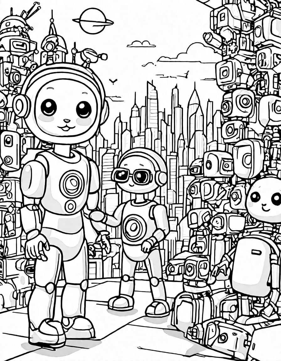 coloring book page featuring a robot's eye view of a bustling city with flying cars and robots in black and white