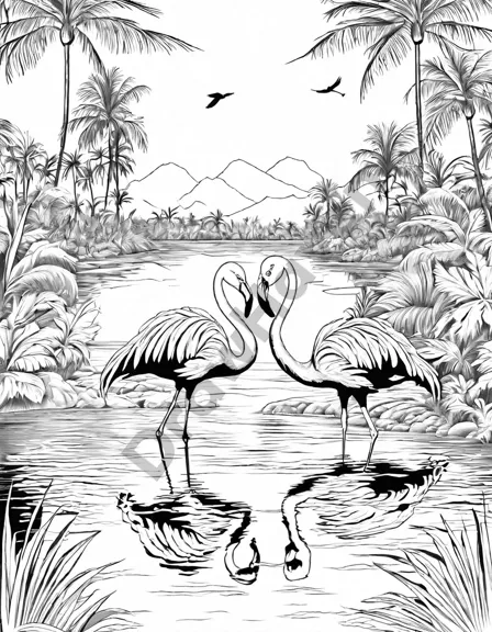 coloring book image of flamingos dancing by a lake at sunset surrounded by lush plants in black and white