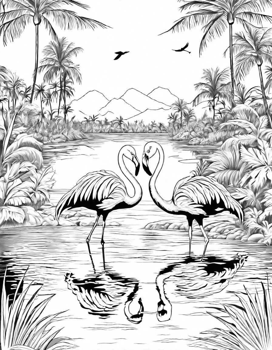 coloring book image of flamingos dancing by a lake at sunset surrounded by lush plants in black and white
