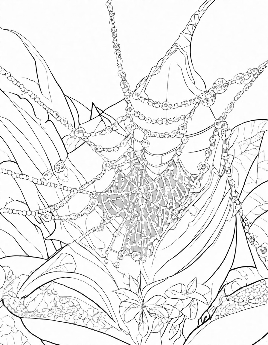 Coloring book image of dew-covered spider webs at dawn in tranquil gardens with glistening threads among foliage in black and white