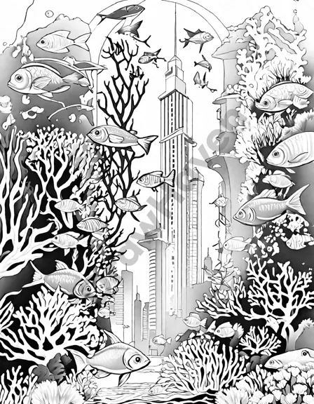 urban reef coloring book page of vibrant coral skyscrapers and darting fish in an underwater city in black and white
