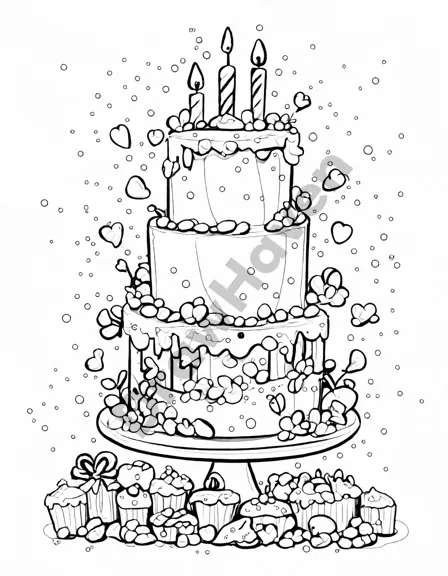 coloring page of a towering birthday cake surrounded by cupcakes and candy jars in black and white