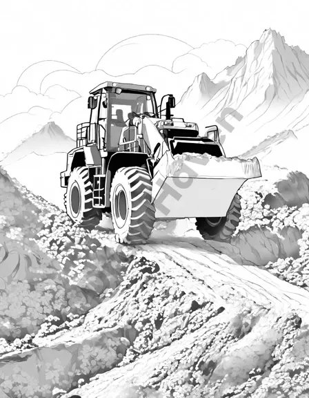 coloring page of a scraper clearing soil at a construction site with detailed background in black and white