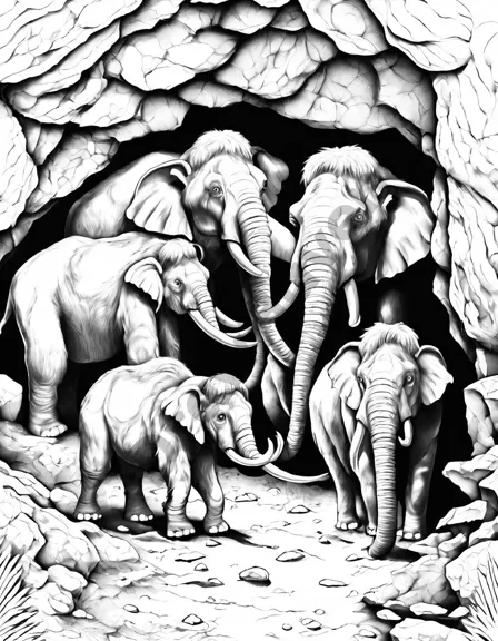 Coloring book image of prehistoric cave scene with woolly mammoths sheltering from the cold, featuring lifelike colors and detailed textures in black and white