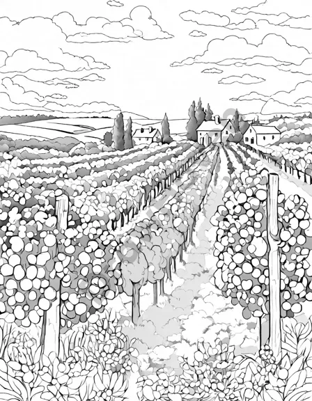 enchanting countryside coloring page with rows of vineyards under a pastel sky, inviting creativity in black and white