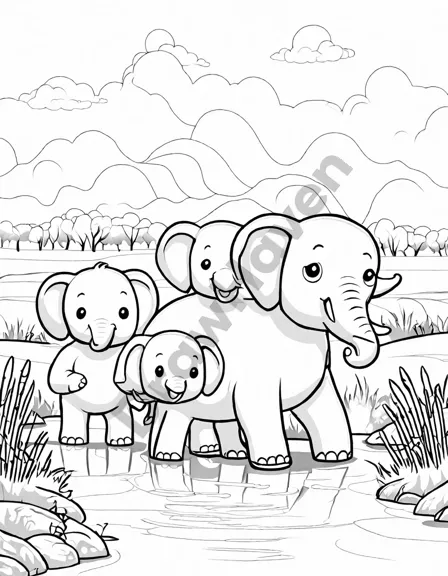 coloring book image of an elephant family crossing a river in the african savannah in black and white
