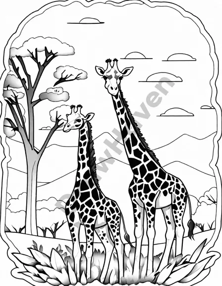 coloring book page of a giraffe family reaching for leaves in the savannah with mountains in black and white