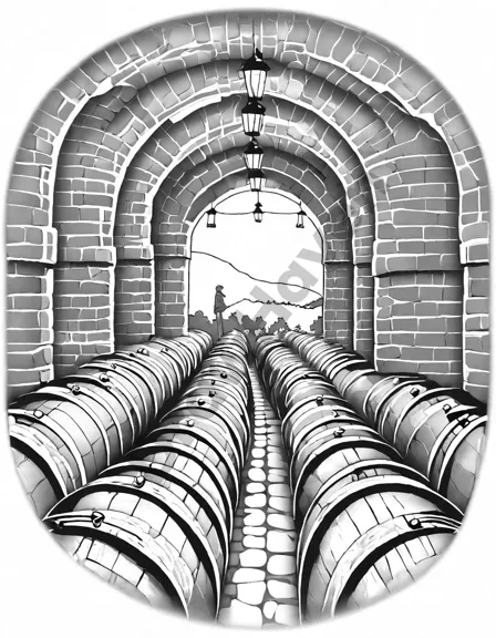 Coloring book image of wine cellar scene with barrels, wine expert guiding sensory journey in black and white