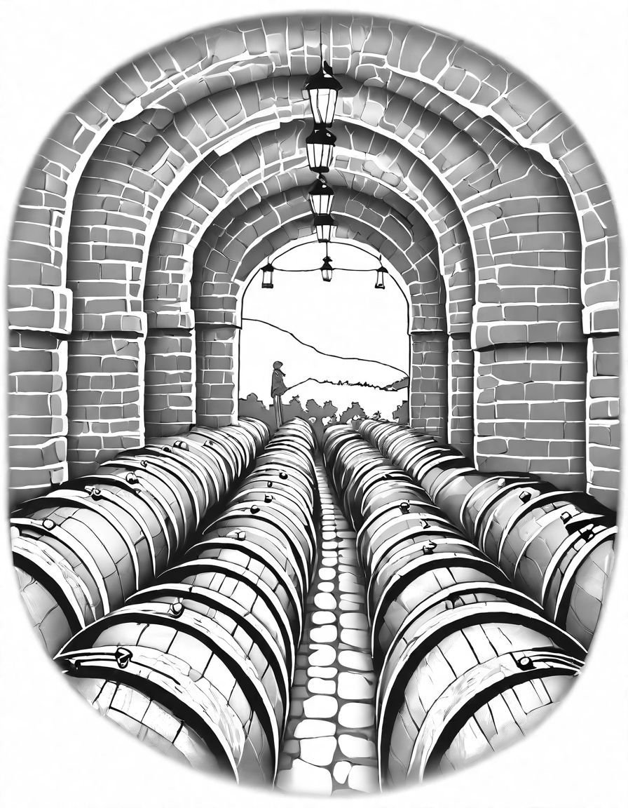 Coloring book image of wine cellar scene with barrels, wine expert guiding sensory journey in black and white
