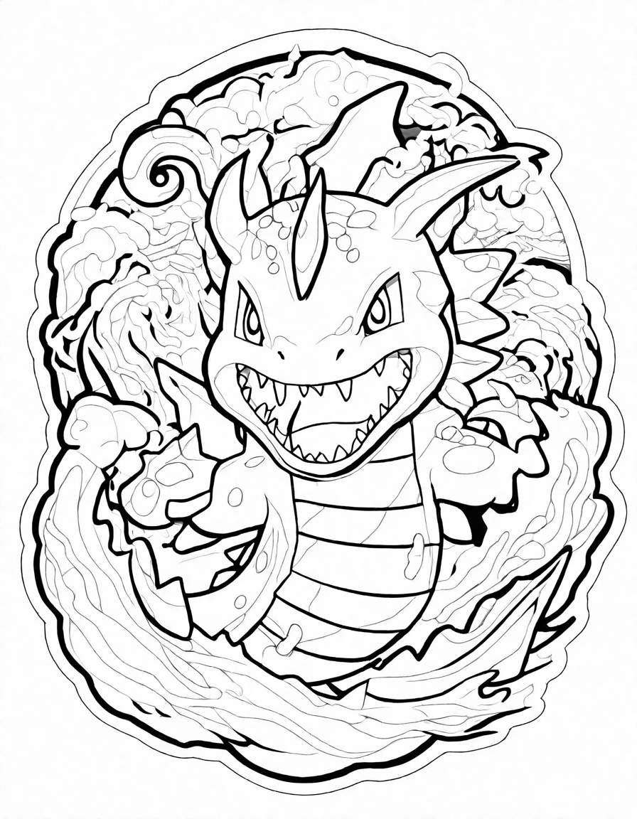 Coloring book image of mighty gyarados rampages through the depths of the ocean, its colossal body coils and twists, sharp teeth bared in black and white