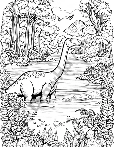coloring book page featuring a brontosaurus by a lake with pterodactyls flying above in black and white