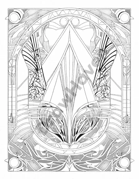 art deco coloring page featuring geometric patterns and motifs, evoking the glamour and opulence of the roaring twenties in black and white